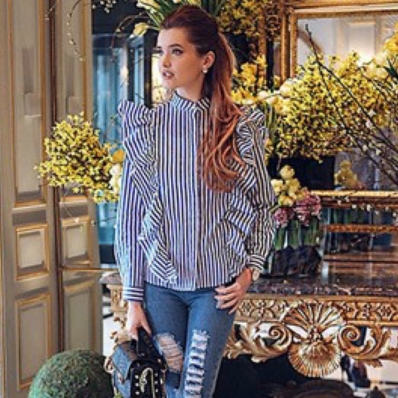 Tops - Blue and white striped ruffle long sleeve top